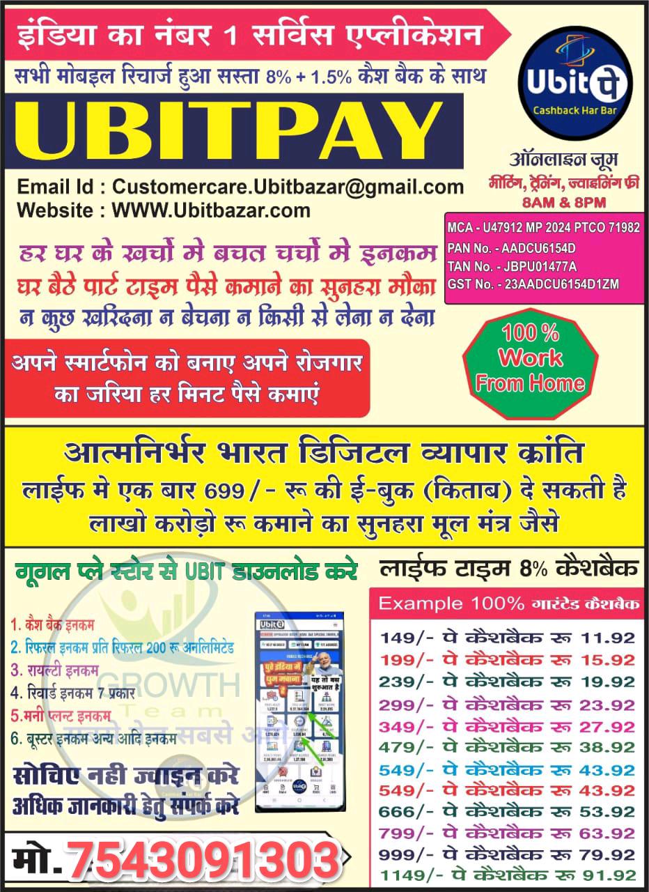 पार्ट टाइम या फुल टाइम में एक अच्छी आमदनी के लिए संपर्क करें 7543091303