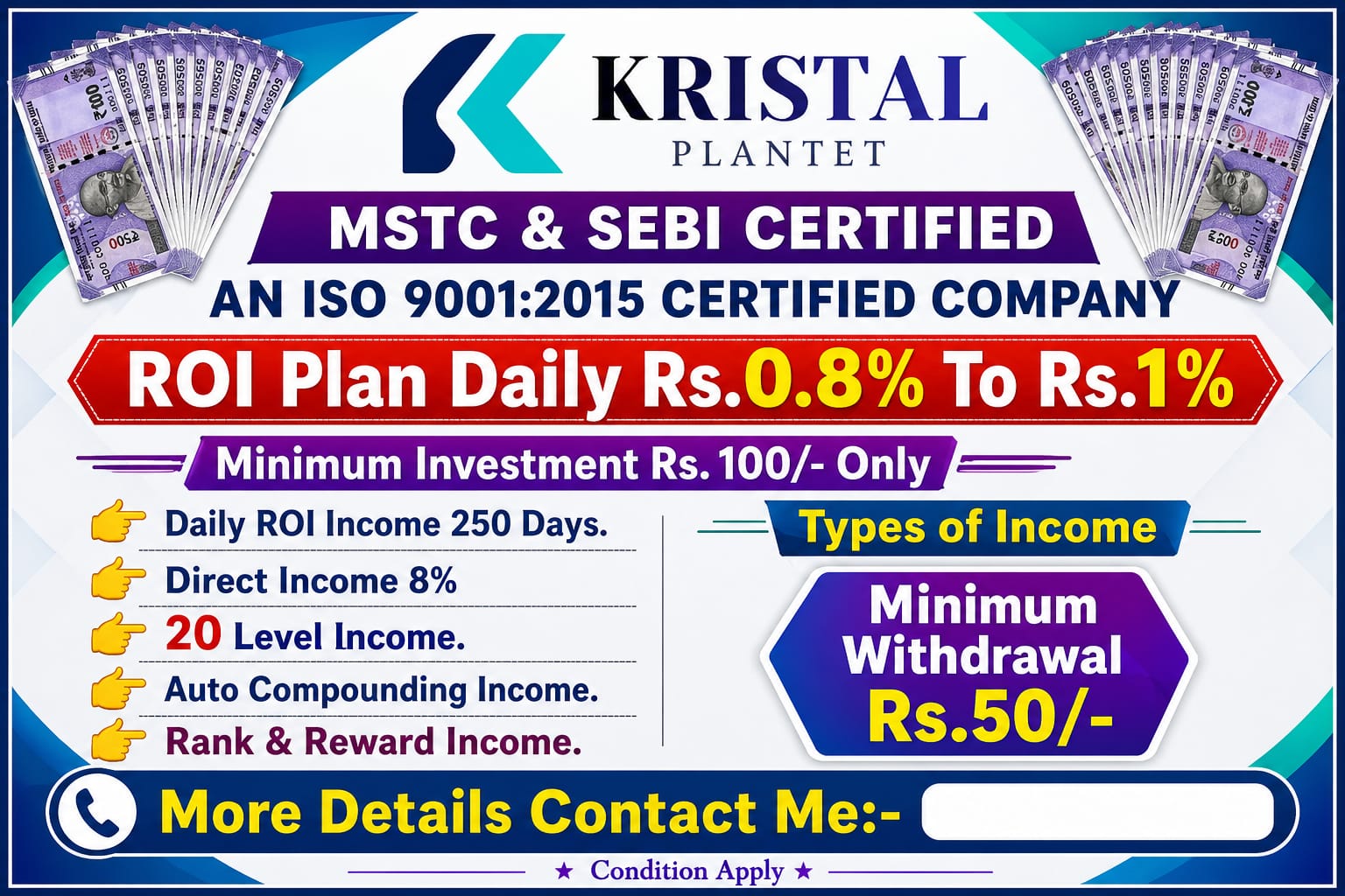 1 CRORE KAMAO With K R I S T A L - P L A N T E T  !! OFFICE IN MUMBAI 100% GENUINE CONCEPT 1% DAILY 