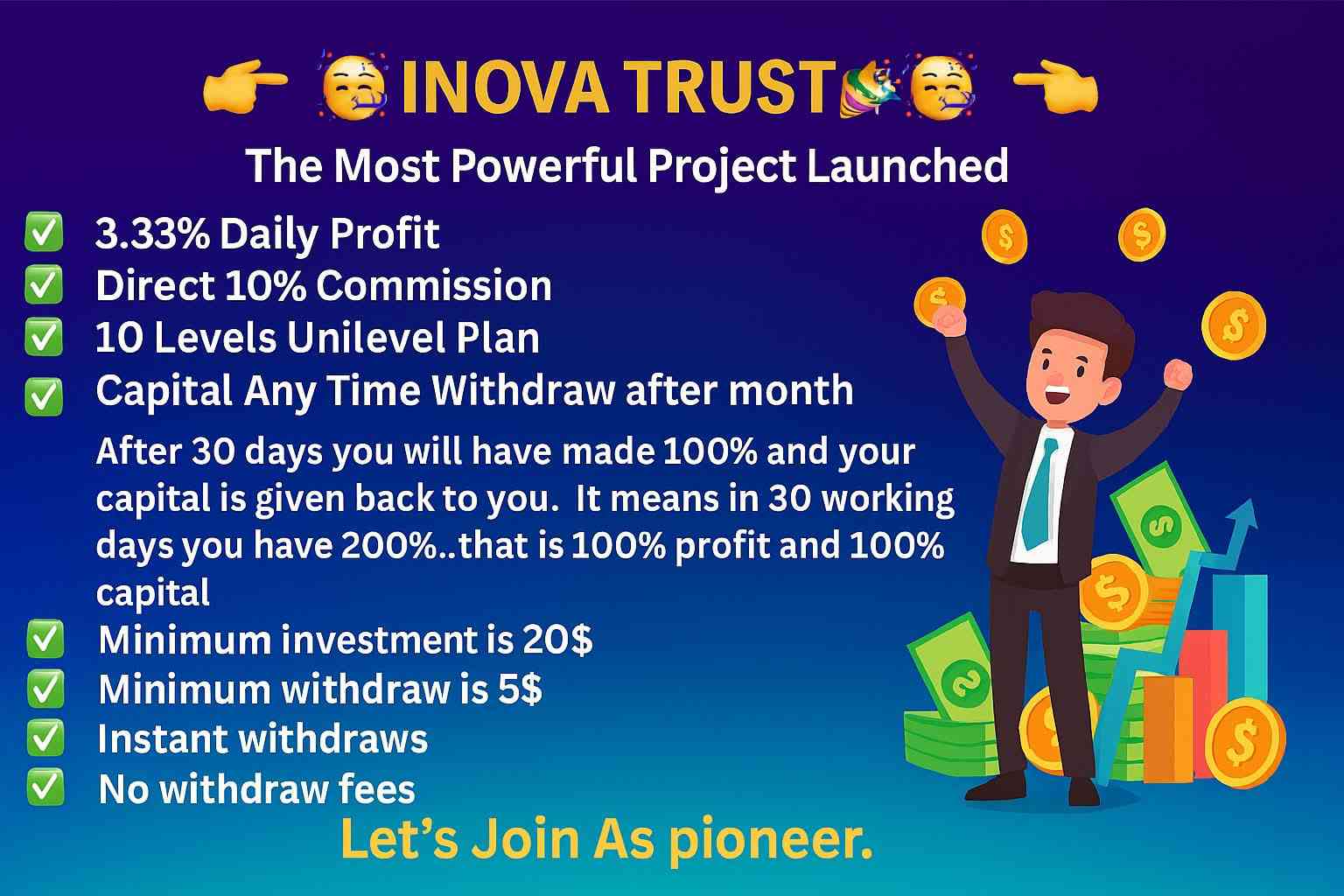 In 30 Working Days You Will Recieve Principal + 100% Roi Minimum Investment 20